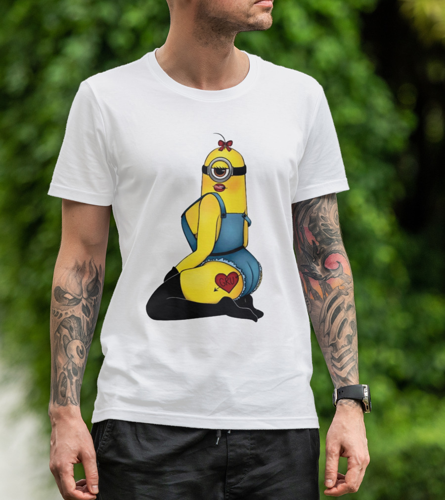 Minion In Blue Overalls With Gru Heart Tattoo And Red Bow T-Shirt