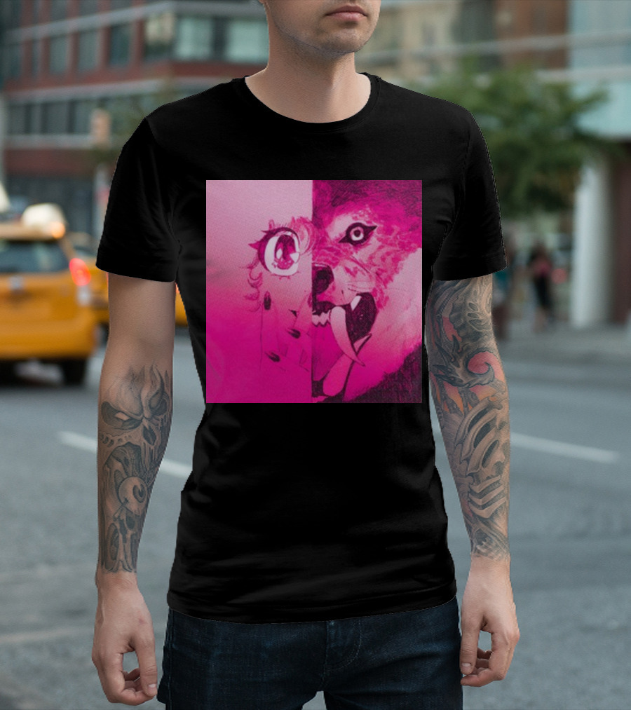 Topatoco Dead On The Scene Anime Eye Wolf Face Split Pink T-Shirt