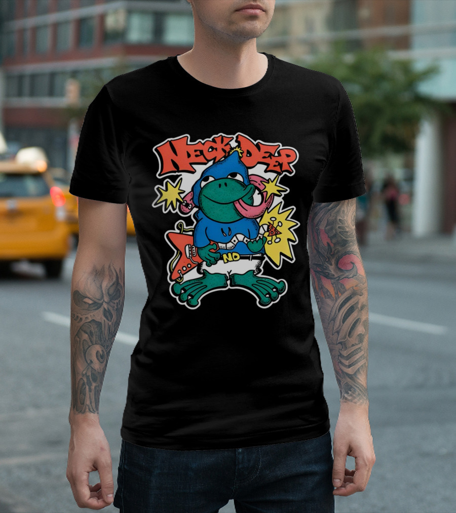 Neck Deep Frog Cartoon Character Holding Red Electric Guitar With Stars And No Belt T-Shirt