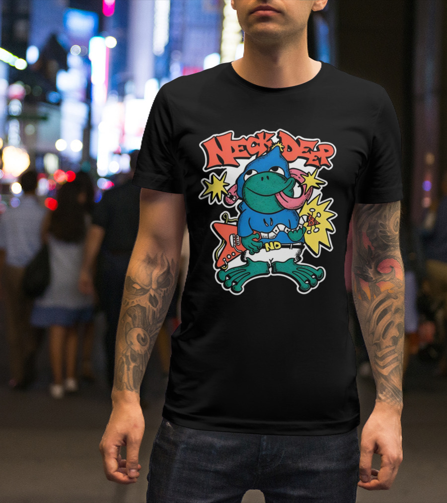 Neck Deep Frog Cartoon Character Holding Red Electric Guitar With Stars And No Belt T-Shirt