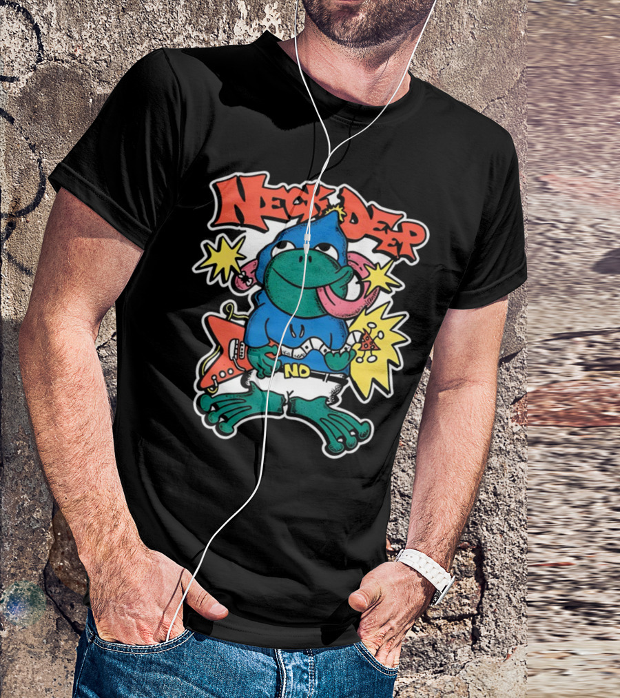 Neck Deep Frog Cartoon Character Holding Red Electric Guitar With Stars And No Belt T-Shirt