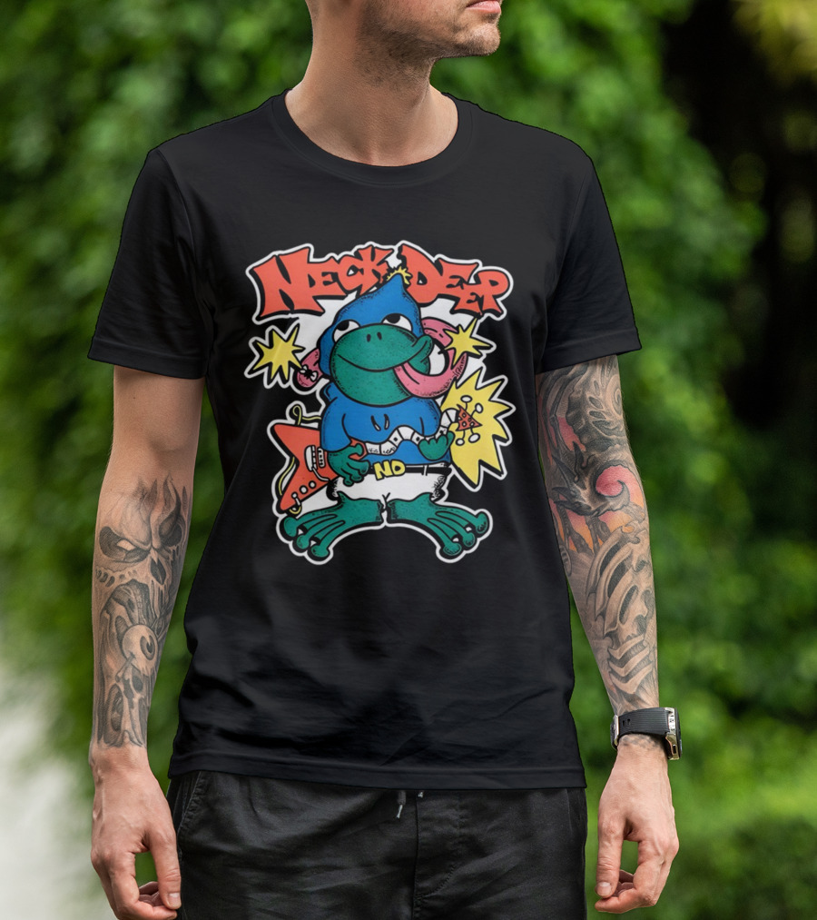 Neck Deep Frog Cartoon Character Holding Red Electric Guitar With Stars And No Belt T-Shirt