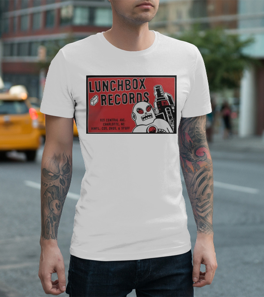 Lunchbox Records 825 Central Ave Charlotte NC Vinyl CDs DVDs Stuff Robot T-Shirt