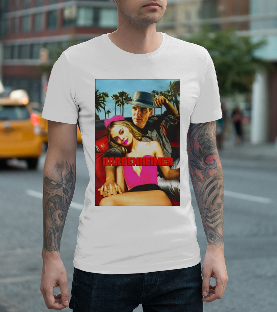 Barbenheimer Pink Neon Retro Vintage Car Palms T-Shirt