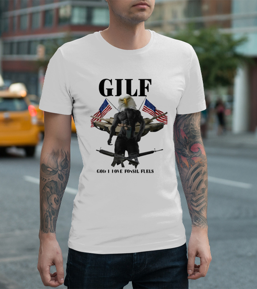GILF God I Love Fossil Fuels Bald Eagle with Guns and American Flags T-Shirt