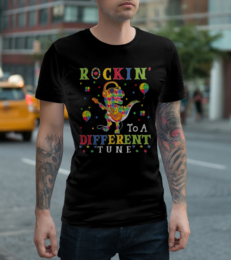 Rockin' To A Different Tune TRex Dinosaur Autism Awareness Puzzle Pieces T-Shirt