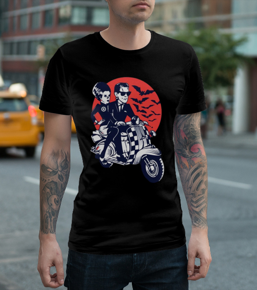 Ska-Lloween Couple Riding Scooter with Bats in Halloween Moon Sky T-Shirt