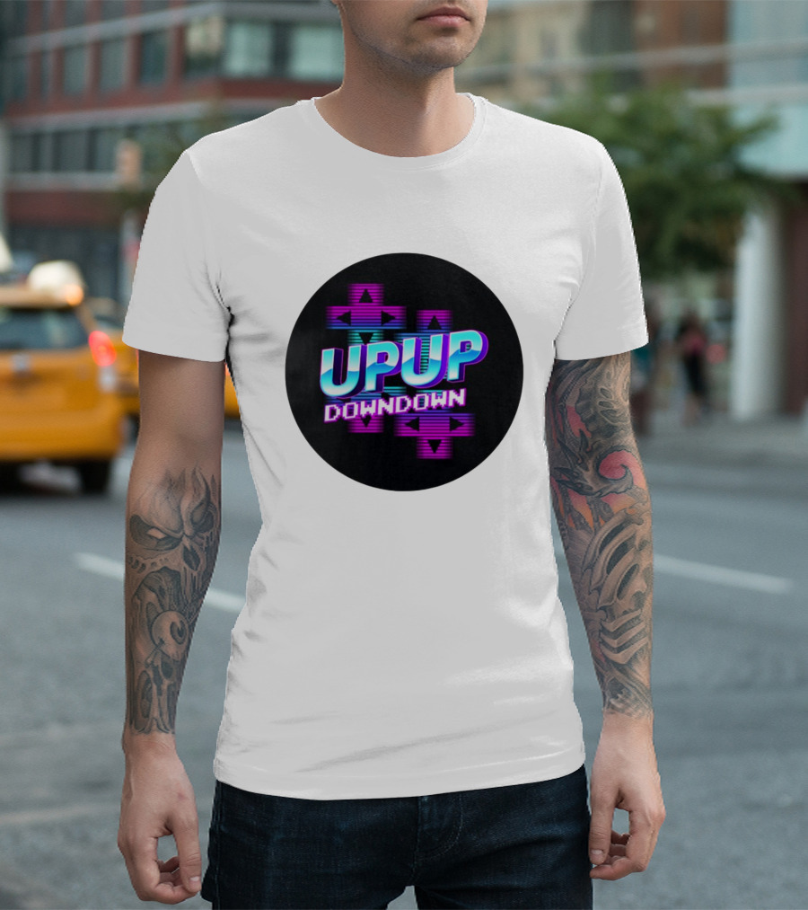 UPUP DOWNDOWN Retro Video Game Arrows Neon Text T-Shirt