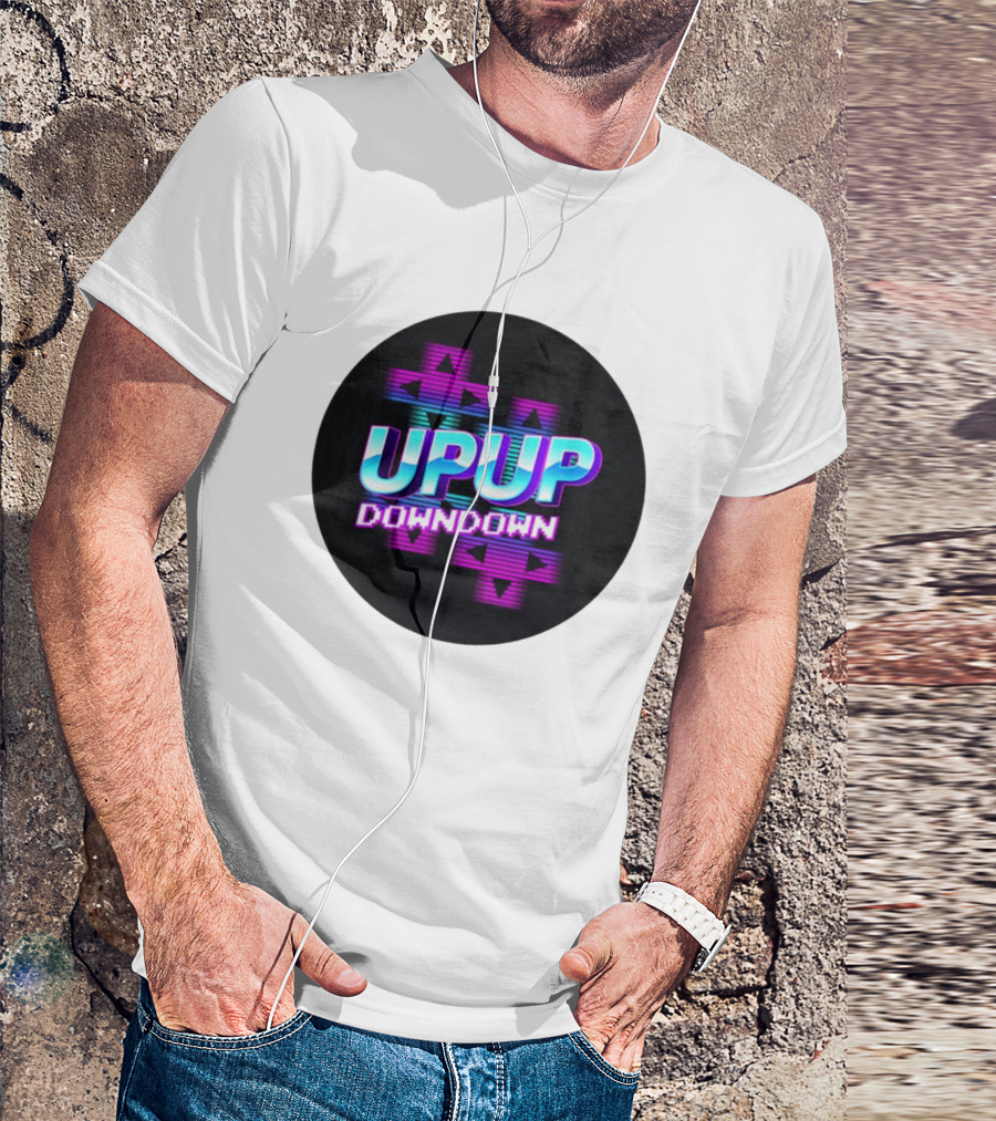 UPUP DOWNDOWN Retro Video Game Arrows Neon Text T-Shirt