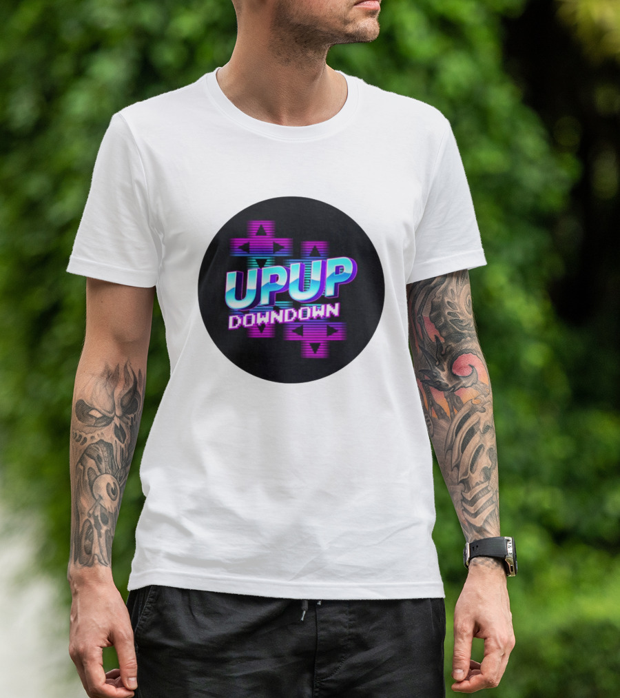 UPUP DOWNDOWN Retro Video Game Arrows Neon Text T-Shirt