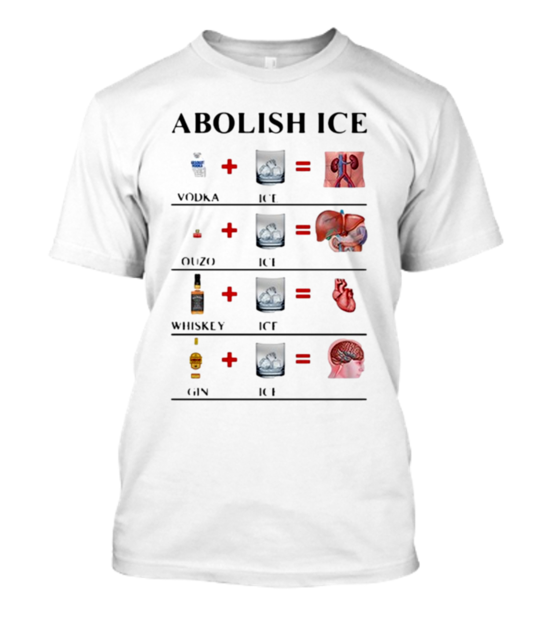 Abolish Ice Vodka Ouzo Whiskey Gin With Ice Destroys Kidneys Liver Heart Brain T-Shirt