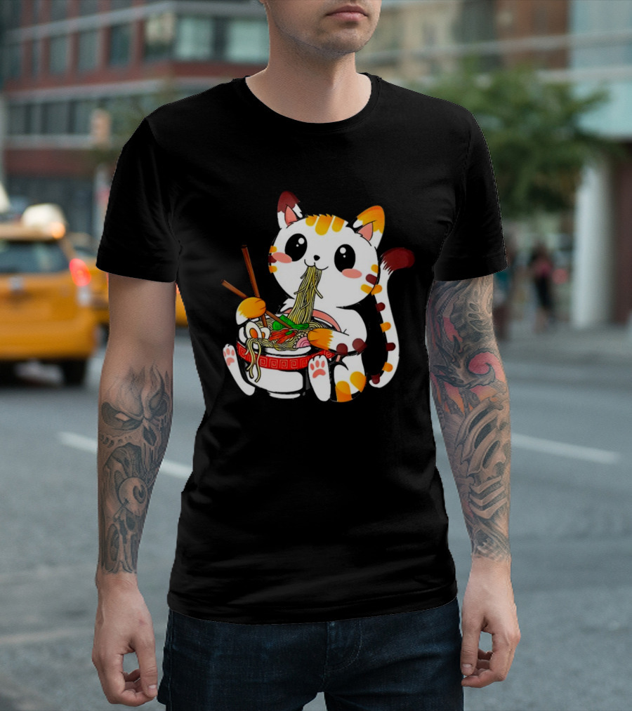 Furia Hiswattson Cat Enjoying Ramen Bowl with Chopsticks T-Shirt