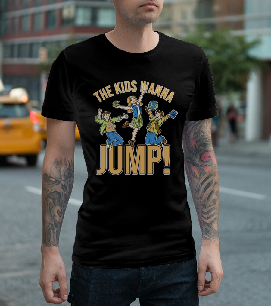 The Kids Wanna Jump Enthusiastically with Books and Globe T-Shirt