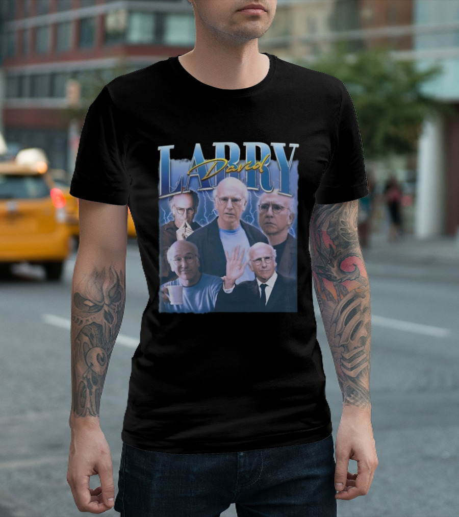 Larry David Multi-Expression Collage with Blue Lightning Background T-Shirt