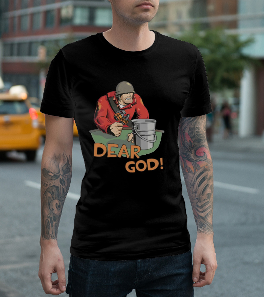 Team Fortress 2 Soldier Red Outfit with Grenade and Bucket Dear God T-Shirt