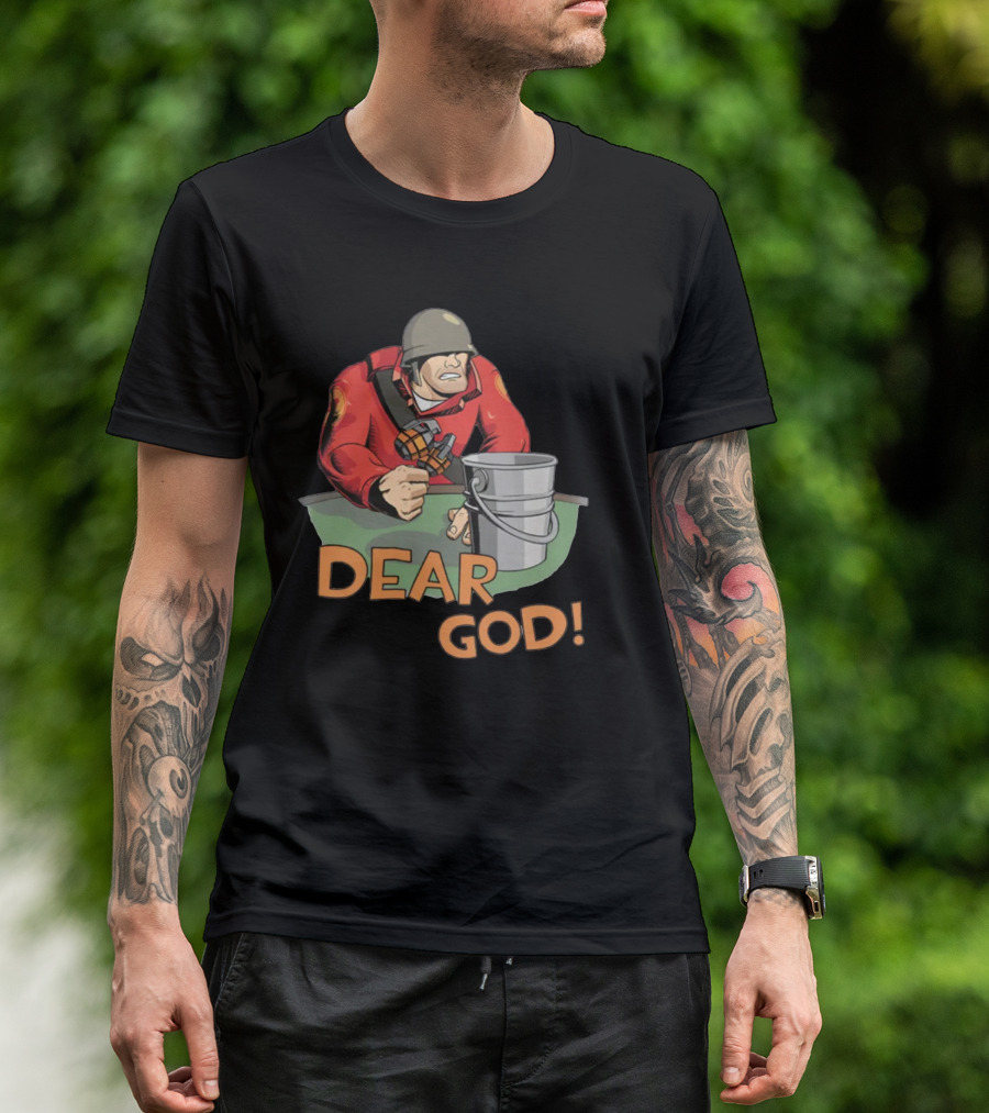 Team Fortress 2 Soldier Red Outfit With Grenade And Bucket Dear God T-Shirt