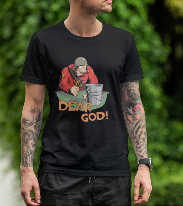 Team Fortress 2 Soldier Red Outfit With Grenade And Bucket Dear God T-Shirt