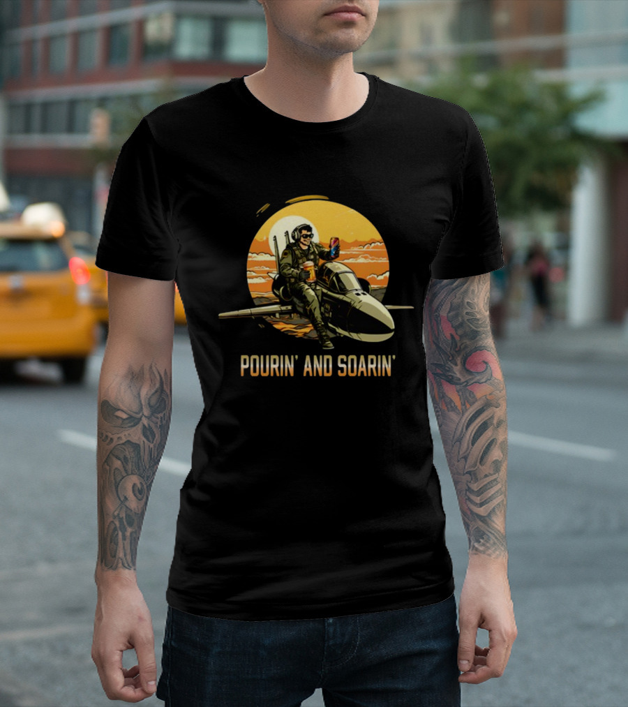 Pourin And Soarin Pilot with Drinks on Jet T-Shirt