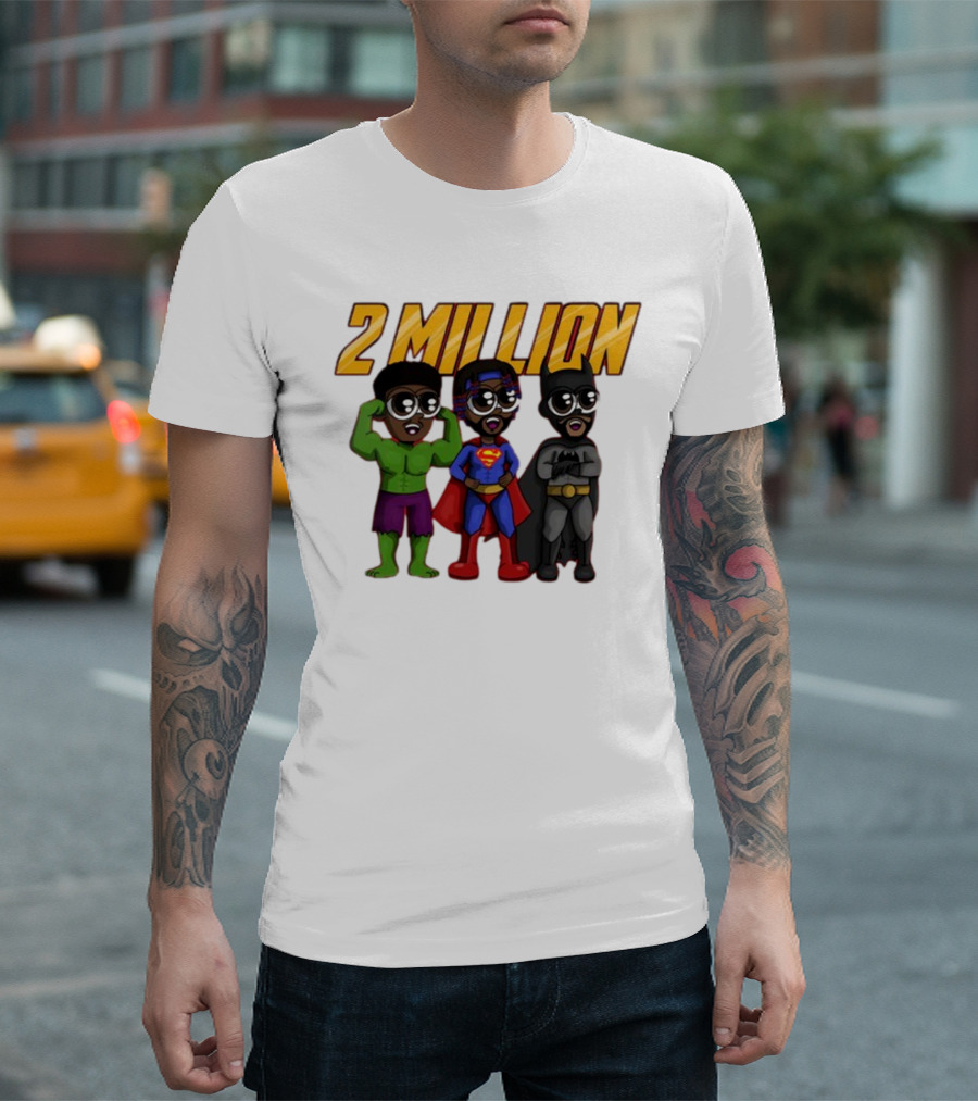 2 Million Superhero Celebration with Hulk Superman and Batman Characters T-Shirt
