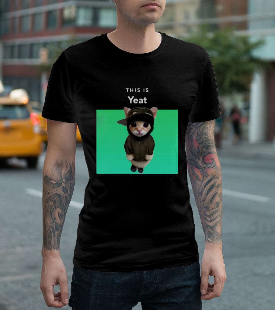 Yeat Cat Wearing Hoodie and Cap on Green Background T-Shirt