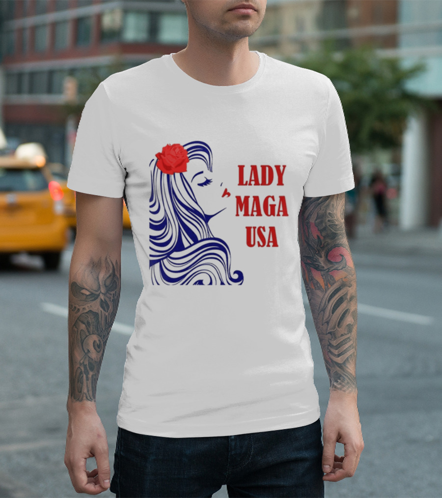 Lady Maga USA Bold Red and Blue Portrait with Rose T-Shirt