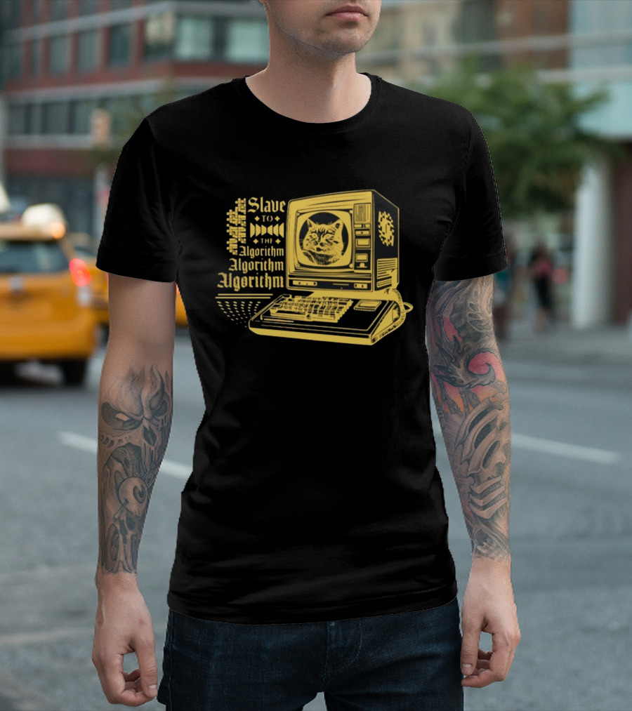 Freddytylerpaul Slave To The Algorithm Retro Computer Cat T-Shirt