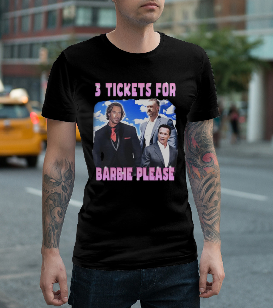 Memeabletees 3 Tickets For Barbie Please With Three Men In Suits T-Shirt