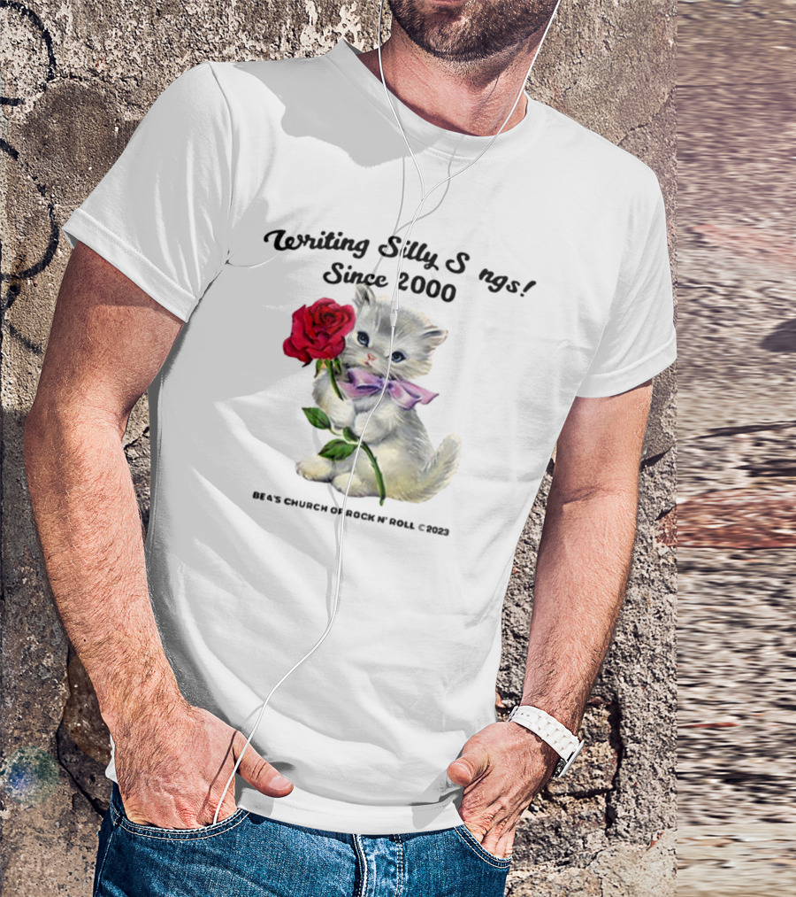 Writing Silly Songs Since 2000 Cute Kitten With Red Rose And Pink Bow T-Shirt