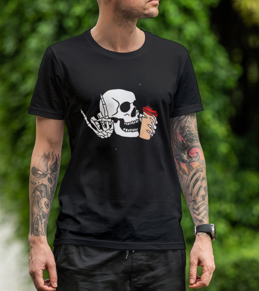 Dead Inside But Alive In Christ Skeleton With Coffee Cup T-Shirt