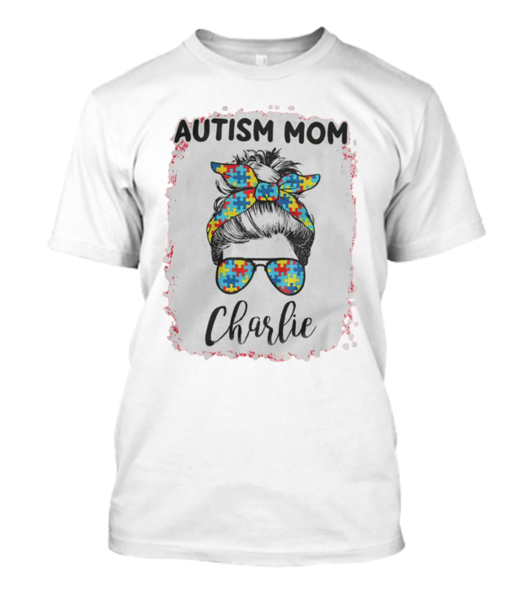 Autism Mom Charlie Puzzle Pattern Messy Bun Hair T-Shirt