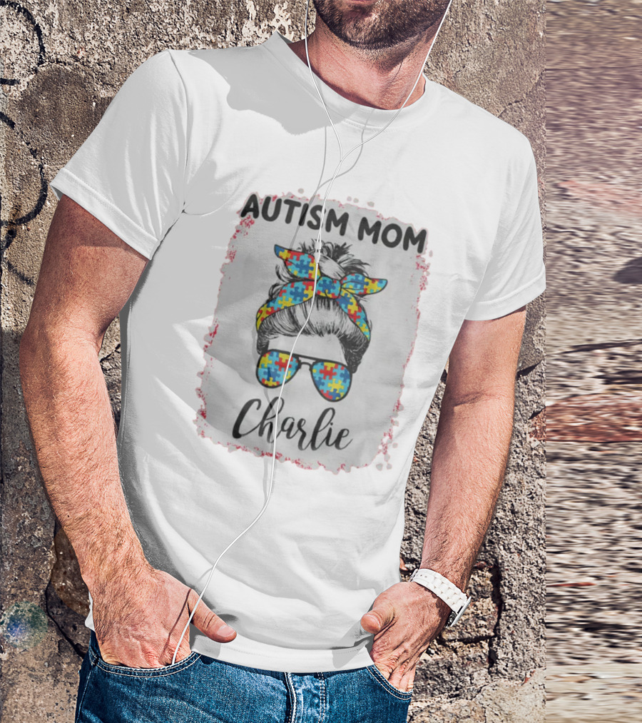Autism Mom Charlie Puzzle Pattern Messy Bun Hair T-Shirt