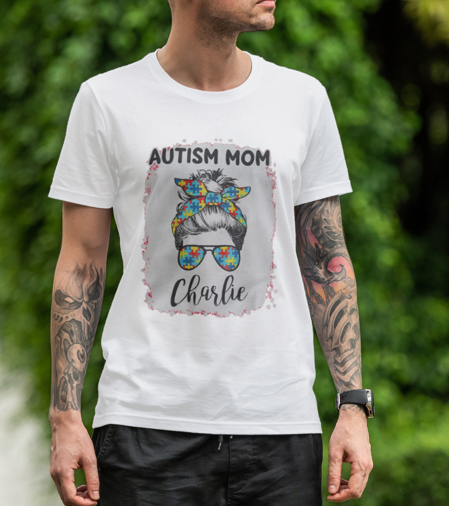Autism Mom Charlie Puzzle Pattern Messy Bun Hair T-Shirt