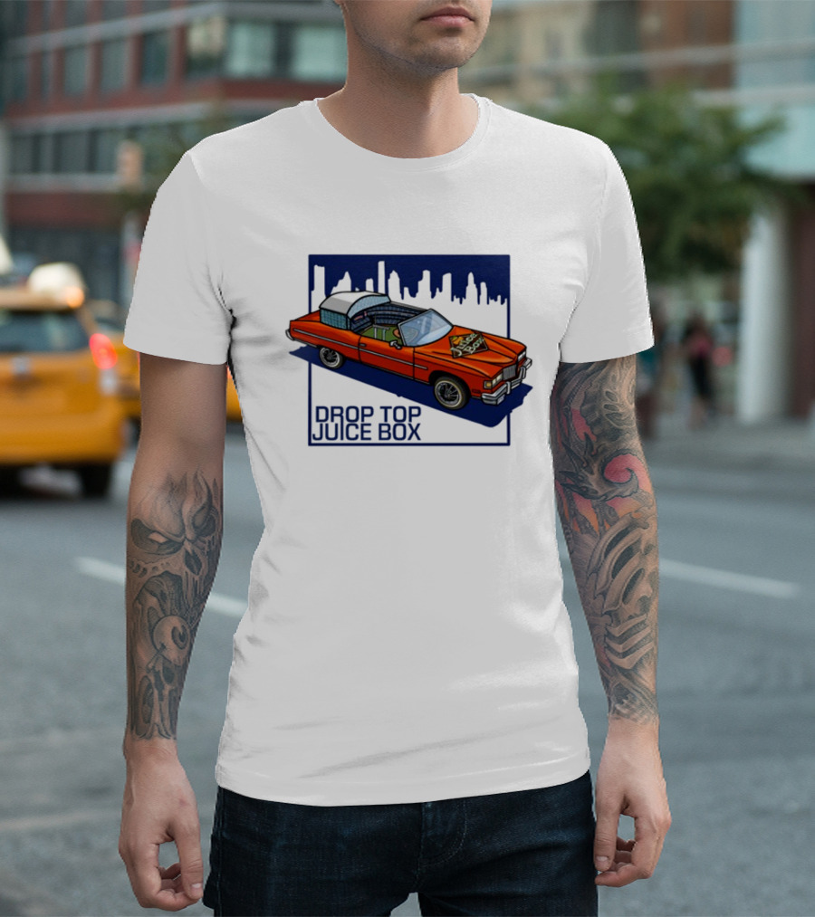Droptop Juicebox Convertible with City Skyline in Background T-Shirt