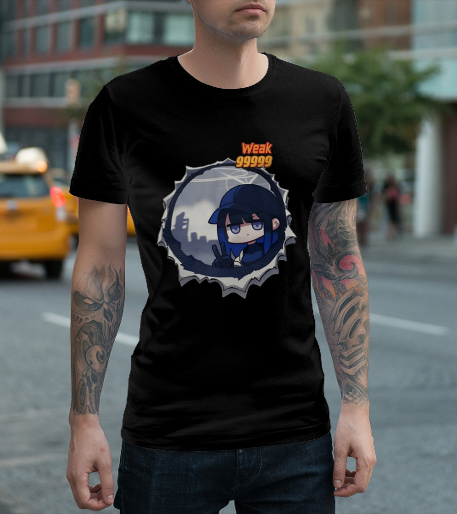Weak 99999 Manga Character Peering Through Circular Portal T-Shirt