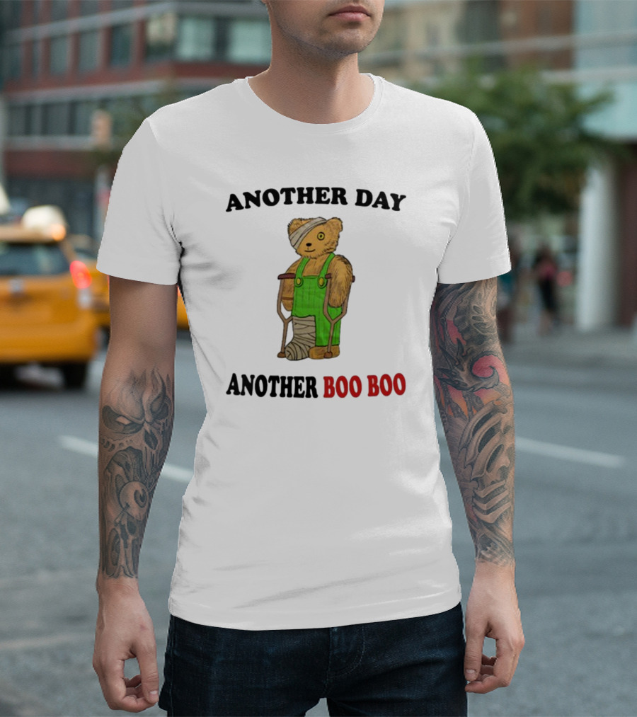 Another Day Another Boo Boo Bear with Crutches in Green Overalls T-Shirt