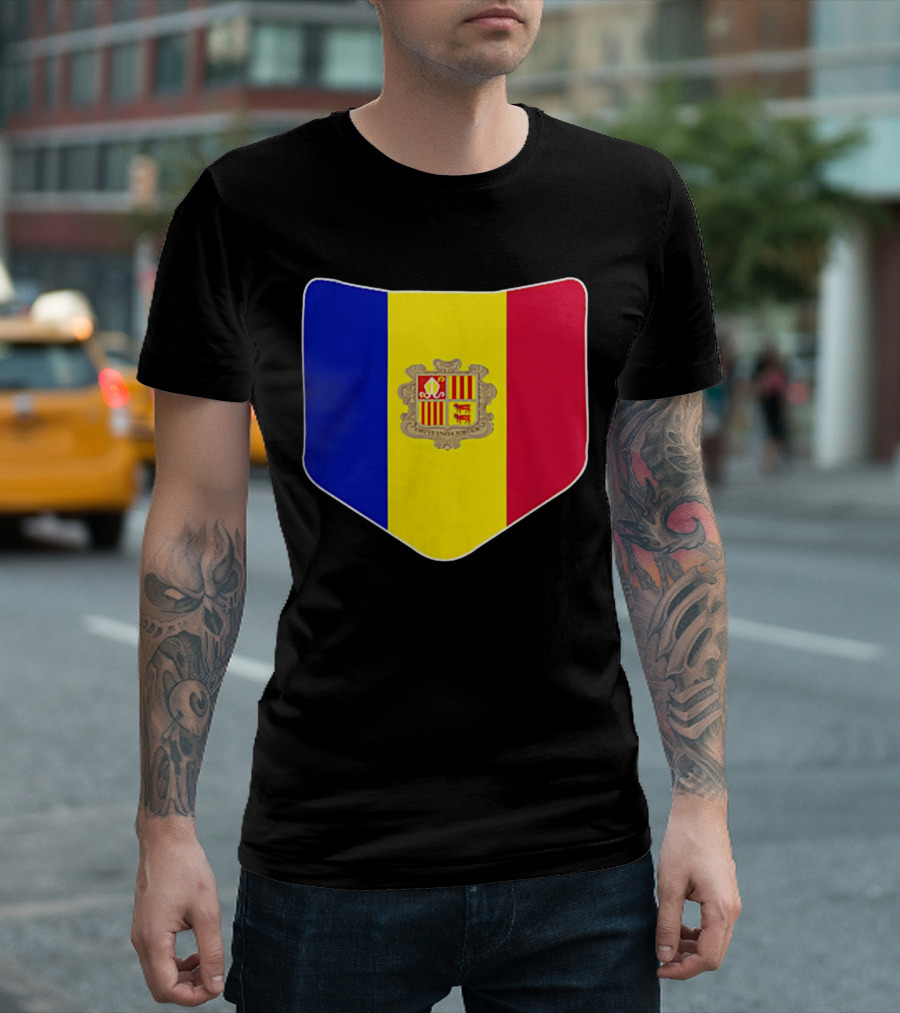 Andorra Flag Pocket Print Andorran Colors Crest Emblem T-Shirt