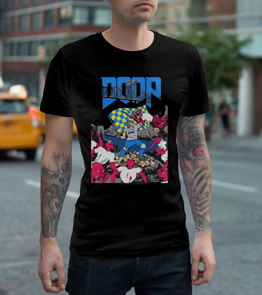 Doom Soccer Player Leading Team With Flag Surrounded By Red Demons T-Shirt