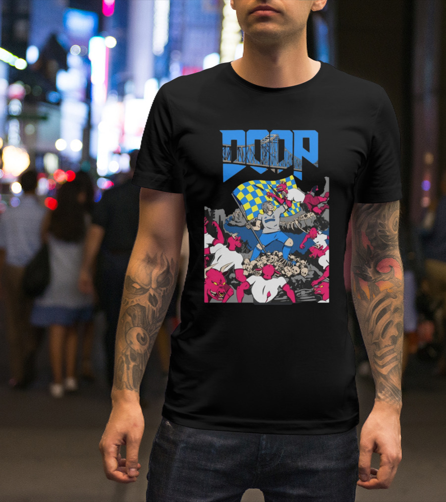 Doom Soccer Player Leading Team With Flag Surrounded By Red Demons T-Shirt