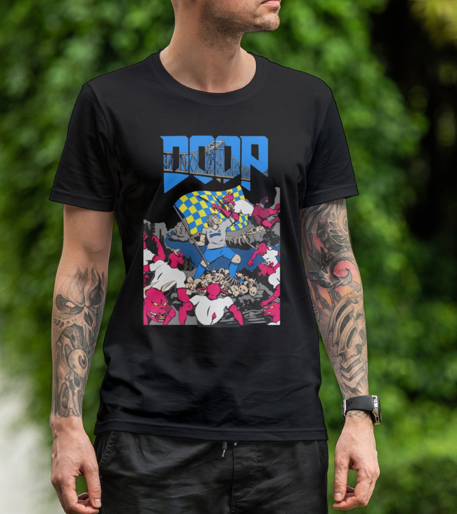 Doom Soccer Player Leading Team With Flag Surrounded By Red Demons T-Shirt
