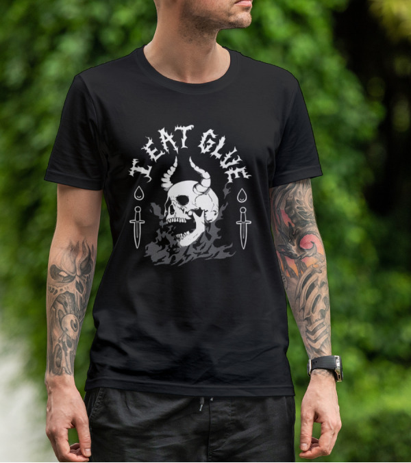 Skull And Knives With Teat Glue Text And Horns T-Shirt
