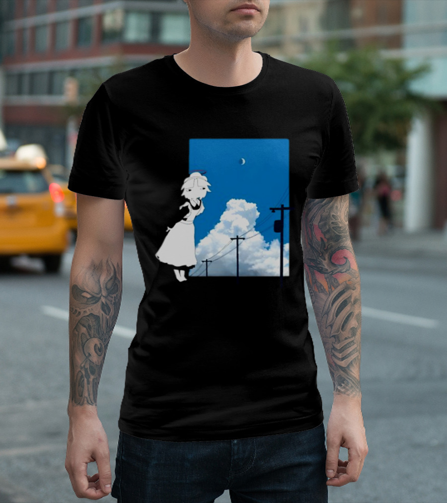 Electric Maid Under Cloudy Sky and Moon with Power Lines T-Shirt