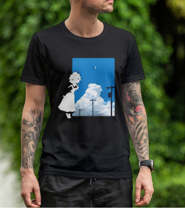 Electric Maid Under Cloudy Sky And Moon With Power Lines T-Shirt