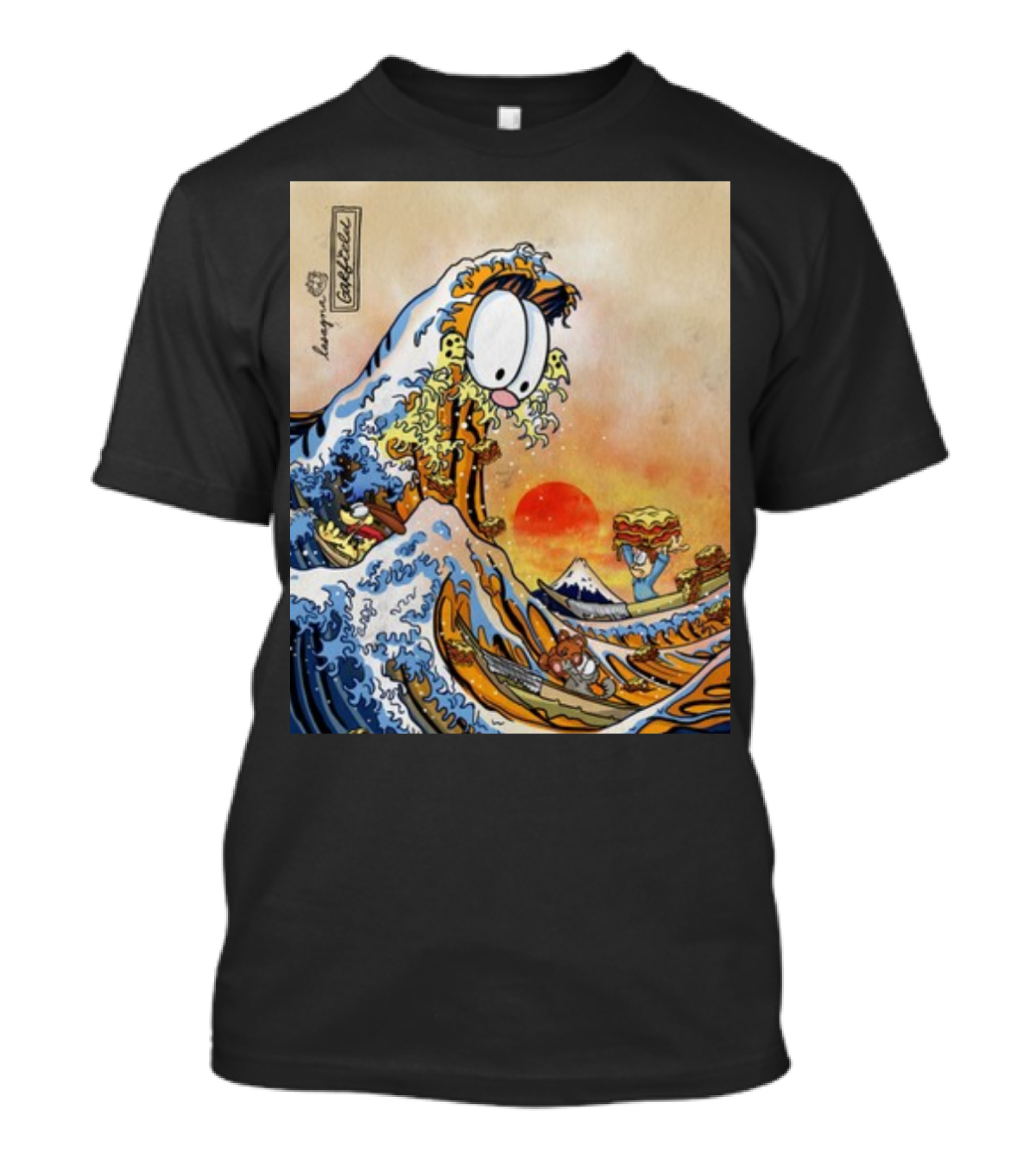 The Great Wave Of Lasagna Garfield Comic Style With Character Holding Lasagna And Hokusai Inspired T-Shirt