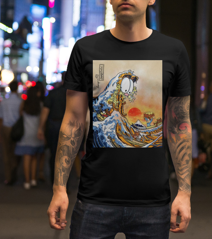 The Great Wave Of Lasagna Garfield Comic Style With Character Holding Lasagna And Hokusai Inspired T-Shirt