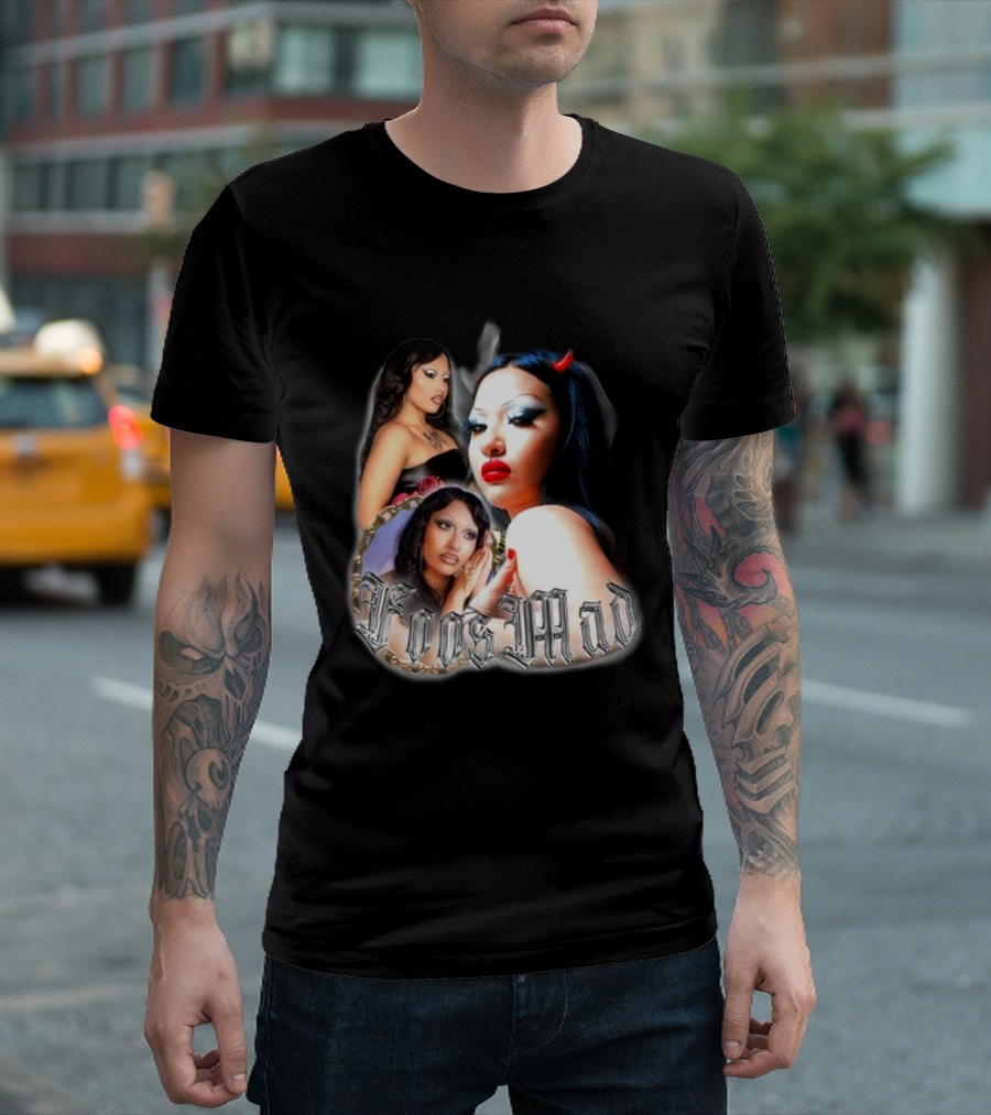Foos Mad Gothic Style with Bold Makeup and Red Horns T-Shirt