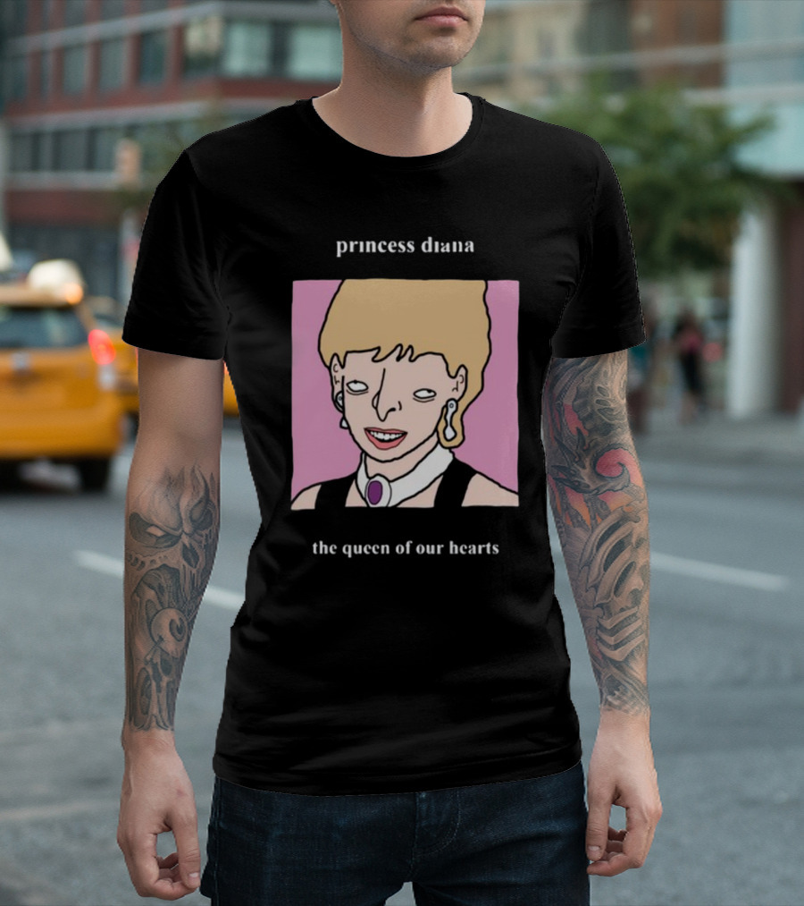 Princess Diana The Queen Of Our Hearts Cartoon Portrait on Pink Background T-Shirt