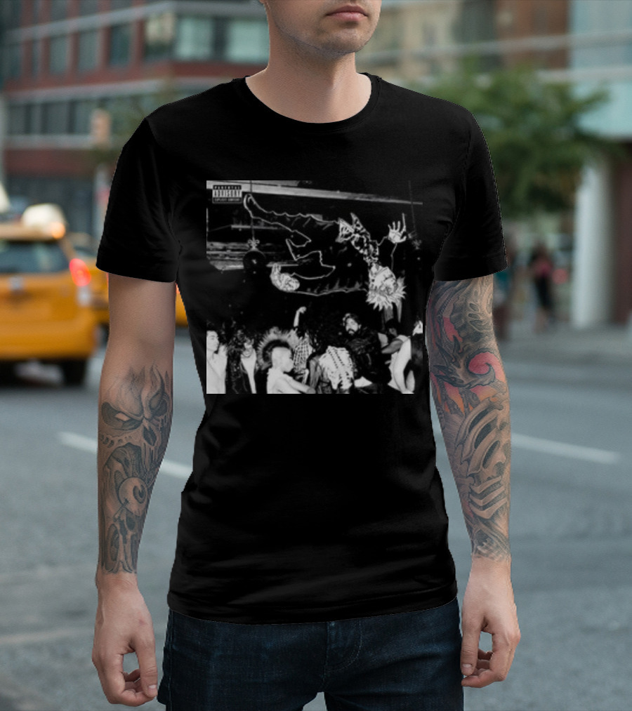 Goofyahhtees Gojo Die Lit Black and White Crowd Scene with Animated Character T-Shirt
