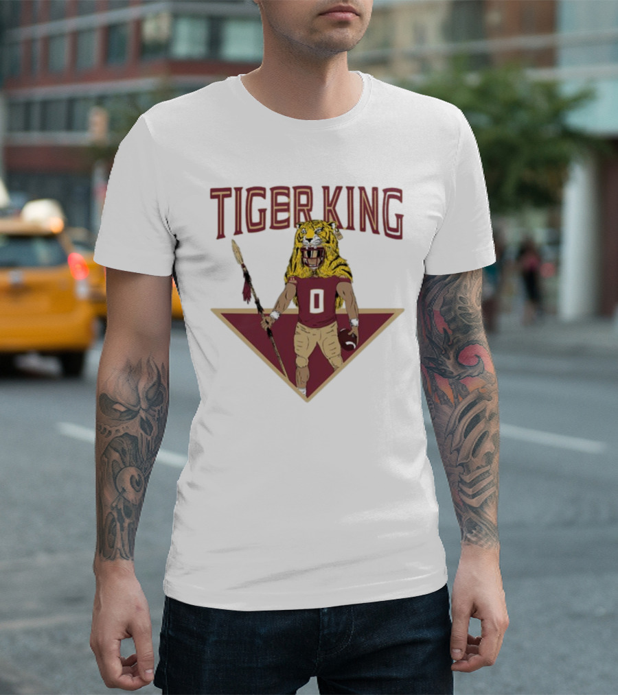 Tiger King Football Player in Tiger Helmet Holding Spear and Football T-Shirt