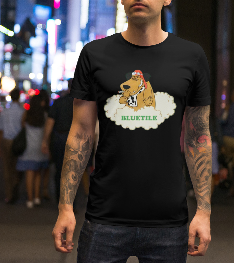 Bluetile Smiling Dog With Aviator Goggles And Bone Scarf In Clouds T-Shirt