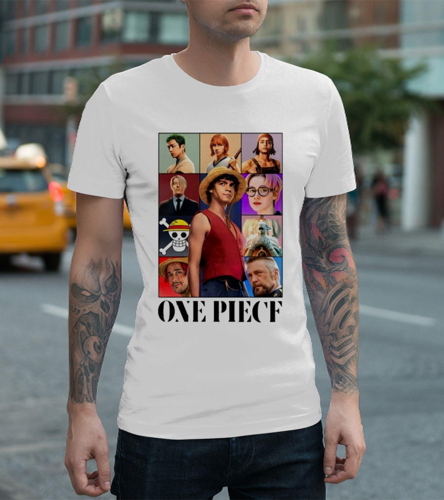 One Piece Characters Collage With Skull And Straw Hat T-Shirt